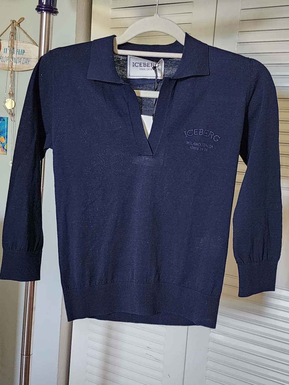 NWT Iceberg Women's Navy V-Neck Polo Cotten/Silk Sweater, Small PTP 17"
